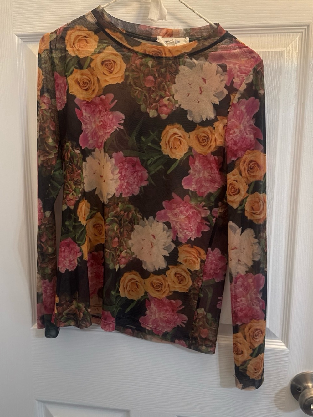 Floral Mesh Long-Sleeve Top - Black with Pink & Yellow Flowers